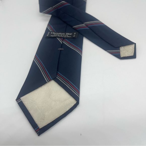 Christian Dior Navy Red Striped Italian Silk Necktie - Picture 3 of 5